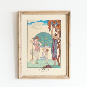Art Deco Wall Art Apple Orchard Women Apple Picking Rustic Landscape Vintage Fashion Illustration Vintage Fashion Art Digital Download
