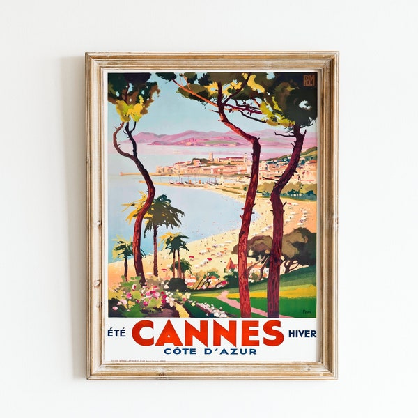 Vintage Travel Poster Cannes France Wall Art Beach Landscape South of France Art Print Côte d'Azur Art Travel Poster Digital Download
