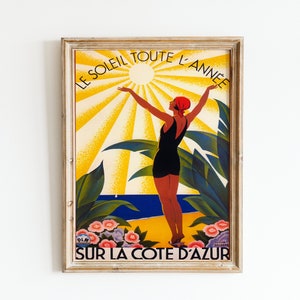 Vintage French Riviera Travel Posters France Wall Art Woman Sunbathing in South France Côte d&#39;Azur Art Deco French Poster Digital Art Print