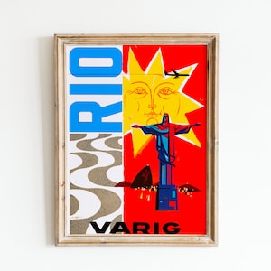 Rio de Janeiro Poster Bright Travel Ad Vintage Cartaz de companhia aérea Estátua do Cristo Redentor Brasil Arte Cartão postal Download digital Arte de parede para impressão