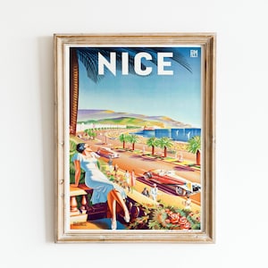 Bonito póster de viaje Art Deco Riviera Francesa Arte de pared vintage Moda Mujer Años 20 Sur de Francia Costa Azul Póster francés Impresión de arte digital
