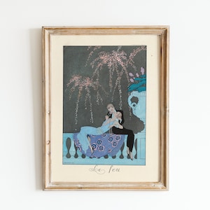 Art Deco Wall Art Lovers Kissing Fireworks At Night Vintage Fashion Illustration Couple In Love Vintage Fashion Art Print Digital Download