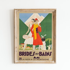 Vintage francés viaje cartel Francia Resort Alpes franceses Art Deco pared arte moda mujeres 1920 golf tenis cartel digital imprimible arte de pared