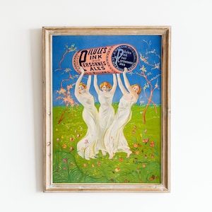 Rosa Wand Kunst blonde Frauen Vintage Französisch Poster Ad rosa Pillen Werbung Wiese Nymphen Kunst Coquette Digitaler Download druckbare Wandkunst
