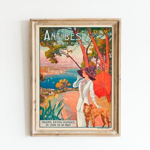 Vintage Reise Poster Französische Riviera Frankreich Wand Kunst Antibes Südfrankreich Côte d'Azur Kunst Reise Poster Digital Art Print Frau mit Hund