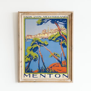Vintage Riviera Francesa Cartel de viaje Francia Arte de la pared Menton Sur de Francia Côte d'Azur Arte Cartel de viaje Impresión de arte digital