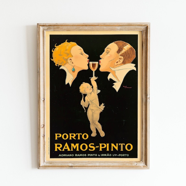 Vintage Wine Ad Poster Art Deco Couple Kissing Cherub Wine Poster Black & Gold Wall Art Bar Cart Wall Art Digital Download René Vincent Art