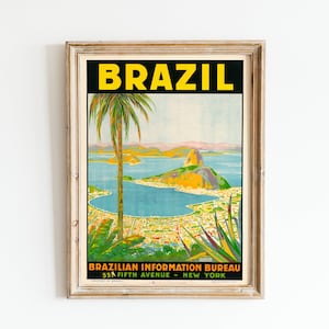 Póster de viaje de Brasil, anuncio vintage de Río de Janeiro, arte mural con paisaje tropical, impresión artística vintage, póster de Río, descarga digital, arte mural imprimible