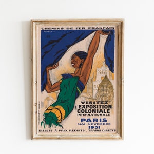 Affiche française vintage d'art de femme noire, affiche de voyage de Paris, publicité vintage de French Expo femme afro-américaine, téléchargement numérique d'art