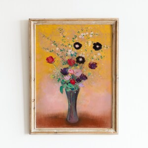 Flowers in Vase Oil Painting Vintage Art Print Bouquet Flowers Wall Art Botanical Art Print Yellow Wall Art Floral Digital Download Redon