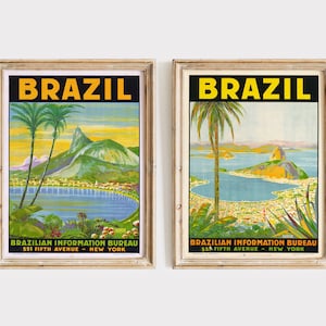 Juego de 2 carteles de viajes antiguos de Brasil Arte mural Anuncio de viaje de Río de Janeiro Arte mural con paisaje tropical Impresión digital Descarga digital Arte