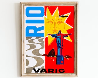 Rio de Janeiro Vintage Travel Poster: Christ Redeemer, Brazil (Digital Download)