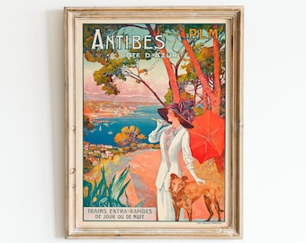 Vintage Französisch Riviera Reiseposter: Antibes, Frau mit Hund (Digital Art Print)