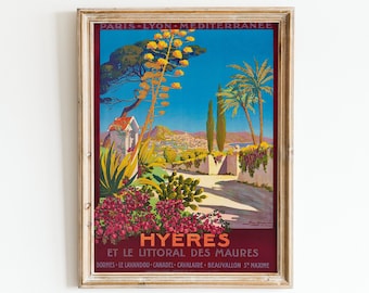 Vintage French Riviera Travel Poster France Wall Art Hyères South of France Landscape Côte d'Azur Art Travel Poster Digital Art Print