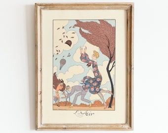 May include: A framed vintage illustration of a woman in a floral dress running in the wind. The illustration is titled "L'Air" and features a blue sky with clouds and falling leaves.