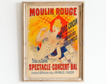 Könnte beinhalten: Ein Vintage-Plakat, das das Moulin Rouge in Paris, Frankreich, bewirbt. Das Plakat zeigt eine Frau in einem weißen Kleid mit einer roten und gelben Windmühle im Hintergrund. Der Text auf dem Plakat lautet "Moulin Rouge, Paris-Cancan, Tous les Soirs, Spectacle-Concert-Bal".