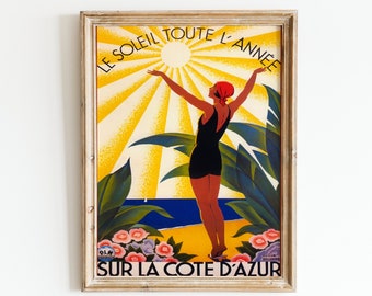 Französische Riviera Art Deco Poster: Frau, Sonnenbad, Côte d'Azur (Digital Art Print)