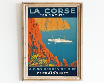 Pôster de viagem vintage da Riviera Francesa: impressão de iate da Córsega (download digital)