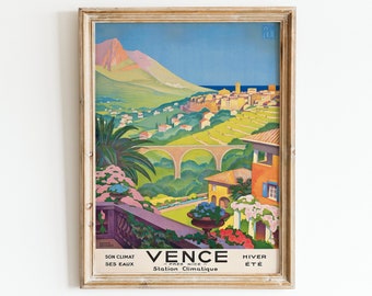 Peut inclure: Une affiche de voyage vintage pour la ville française de Vence, présentant une illustration colorée de la ville nichée dans une vallée avec une montagne en arrière-plan. Le texte de l'affiche indique "Vence - Son Climat - Ses Eaux - Hiver - Ete - Station Climatique".