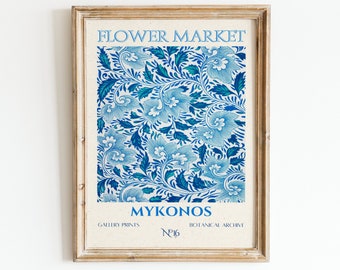 Affiche du marché aux fleurs, impression de la ville de Mykonos, impression d&#39;art floral, Grèce, affiche vintage, impression de fleurs, art mural tendance, floral bleu, art mural imprimable numérique