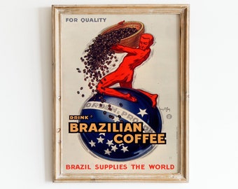 Vintage Brazilian Coffee Ad Poster: Kitchen Coffee Bar Wall Art (Digital Download)