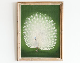 白孔雀のアートプリント：日本の木版画スタイル（デジタルダウンロード