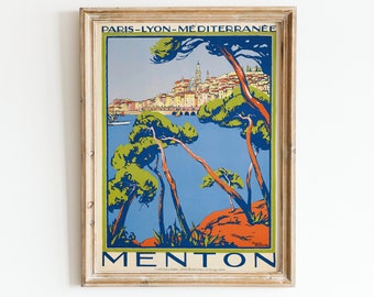 Vintage Riviera Francesa Cartel de viaje Francia Arte de la pared Menton Sur de Francia Côte d'Azur Arte Cartel de viaje Impresión de arte digital
