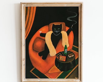 黒猫の絵画、タバコを吸う猫、猫の壁アート、猫好きのプリント、猫の