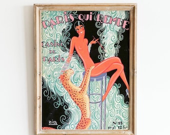 Josephine Baker with Cat Art Print Cabaret 1920s Black Woman Art Deco Casino de Paris French Poster Vintage Wall Art Digital Download