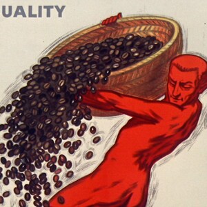 Puede incluir: Una figura roja lleva una cesta llena de granos de caf&eacute; marrones oscuros. El texto "FOR QUALITY" est&aacute; impreso en gris en la parte superior de la imagen.