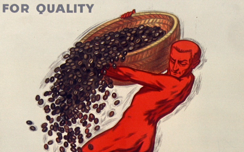 Puede incluir: Una figura roja lleva una cesta llena de granos de caf&eacute; marrones oscuros. El texto "FOR QUALITY" est&aacute; impreso en gris en la parte superior de la imagen.