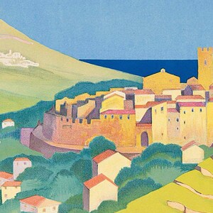 K&ouml;nnte beinhalten: Ein Gem&auml;lde, das eine kleine Stadt zeigt, die in einem gr&uuml;nen Tal eingebettet ist, mit einem blauen Meer im Hintergrund. Die Stadt besteht aus gelben und roten Geb&auml;uden mit einem hohen Turm in der Mitte. Das Tal ist mit gr&uuml;nen B&auml;umen und B&uuml;schen bedeckt. Das Meer ist tiefblau.