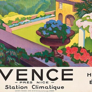 K&ouml;nnte beinhalten: Ein Vintage-Reiseposter, das f&uuml;r Vence wirbt, eine Klimastation in der N&auml;he von Nizza, Frankreich. Das Poster zeigt eine farbenfrohe Illustration eines Gartens mit einer Steinmauer, einer Topfpflanze und einem Geb&auml;ude mit einem roten Dach. Der Text auf dem Poster lautet "Vence - Pr&egrave;s Nice - Station Climatique" und "Climat Eaux Hiver &Eacute;t&eacute;".