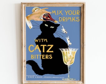Catz Bitters Schwarze Katze Vintage Werbe-Plakat: Cocktail Bar Kunst (Digitaler Download)