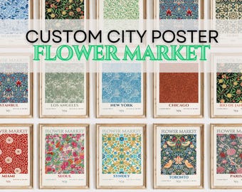 Emplacement personnalisé, art mural, marché aux fleurs, affiche d&#39;art floral, affiche personnalisée de la ville, téléchargement numérique, impression d&#39;art mural, motif floral vintage