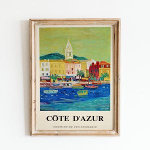 Vintage Französisch Riviera Reise Poster Sunset Wand Kunst Aquarell Malerei Südfrankreich Blaue Côte d&#39;Azur Poster Digitaler Download Kunst