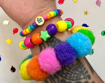 Rainbow Pom Pom clown kandi beaded bracelet set clowncore accessories jewelry