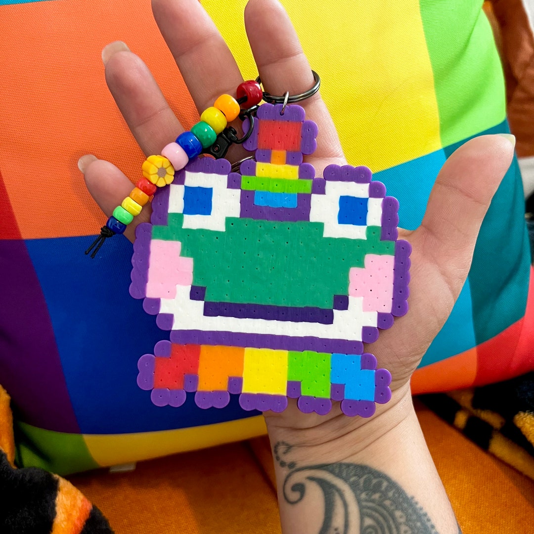Clown Frog Kandi Perler Keychain Beaded Rainbow Frog Clowncore