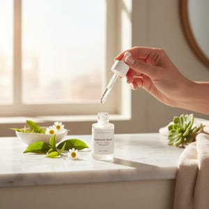 May include: A white bottle of Hyaluronic Serum with a dropper, held above the bottle. The serum is clear and a drop is falling. The bottle is on a white surface, with a bowl of flowers and a succulent plant in the background.