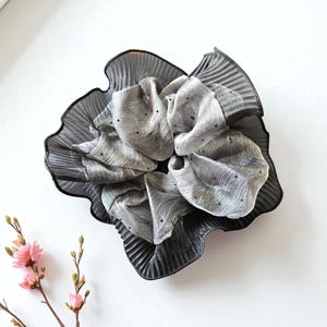 Pleated Lace Trim Shimmering Silver Organza Scrunchie