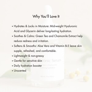 May include: A clear glass bottle of hyaluronic serum with a white dropper. The label reads "Hyaluronic Serum" and lists benefits like hydration and soothing. The text "Why You'll Love It" is at the top.