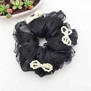 Black Organza Scrunchie, Pearl Bow Hair Tie, Elegant Accessory