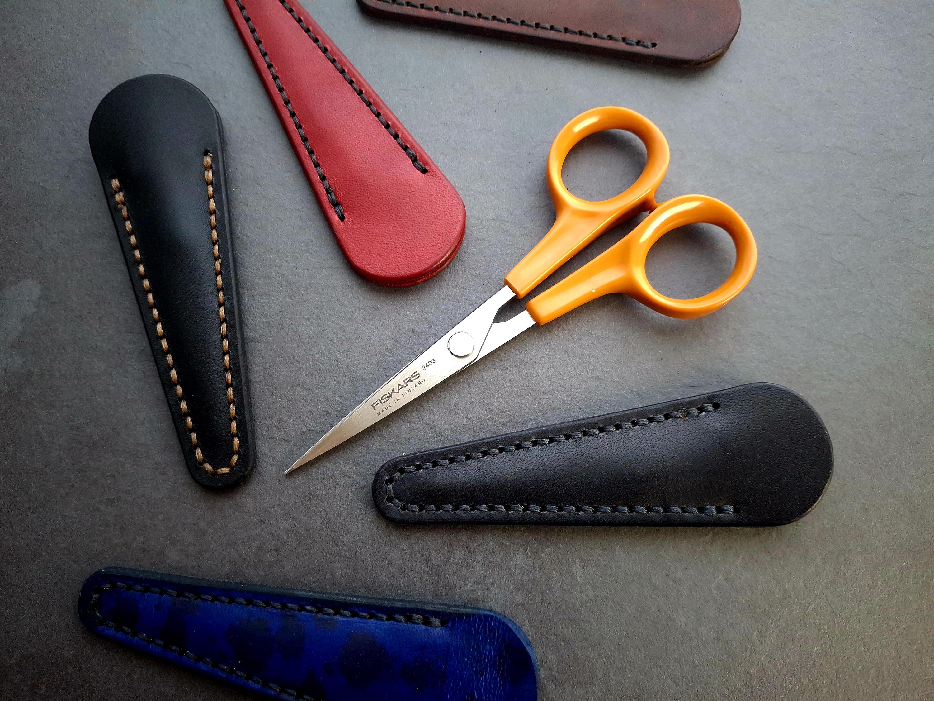 Leather Scissor Sheath: Hand-Sawn Sewing Scissor Cover, Personalization Available Fiskars 13cm "Needlework"