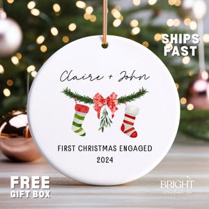 First Christmas Engaged Ornament Stockings 2024 Personalized, Engaged Christmas Ornament, Custom Engagement Gift Couple Engaged Announcement