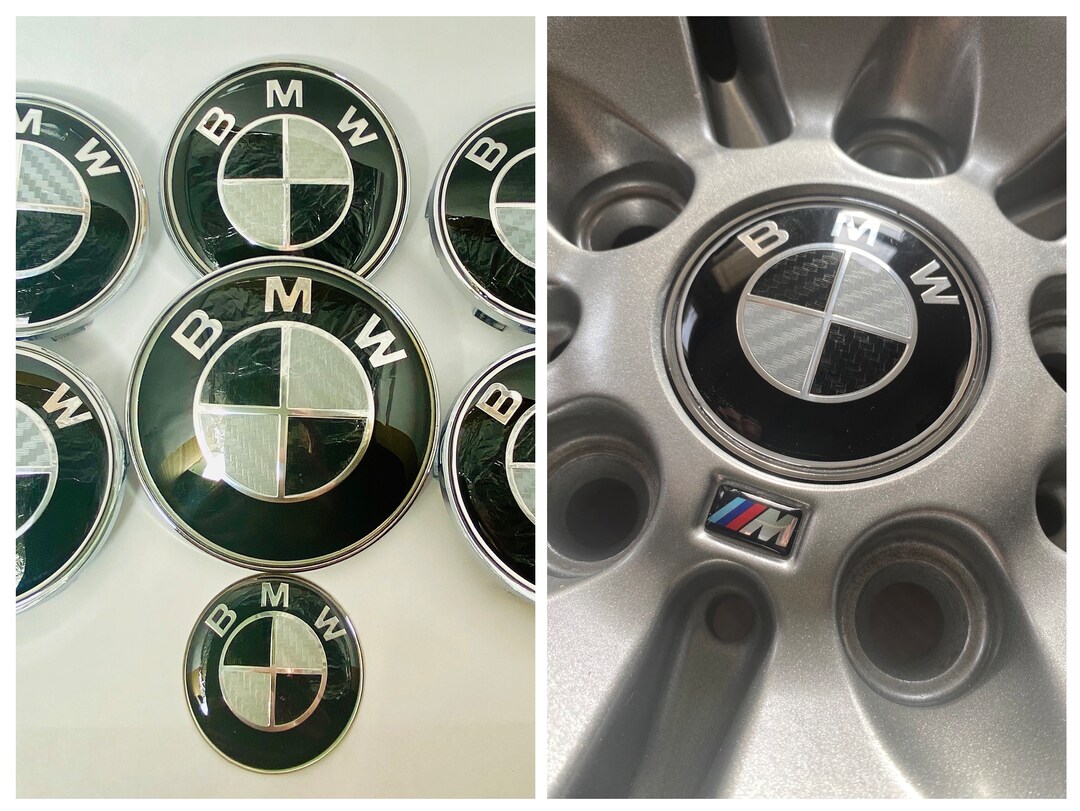 7PCS for BMW Black Carbon Emblem Center Caps Badges 82mm 74mm 68mm 45mm ...
