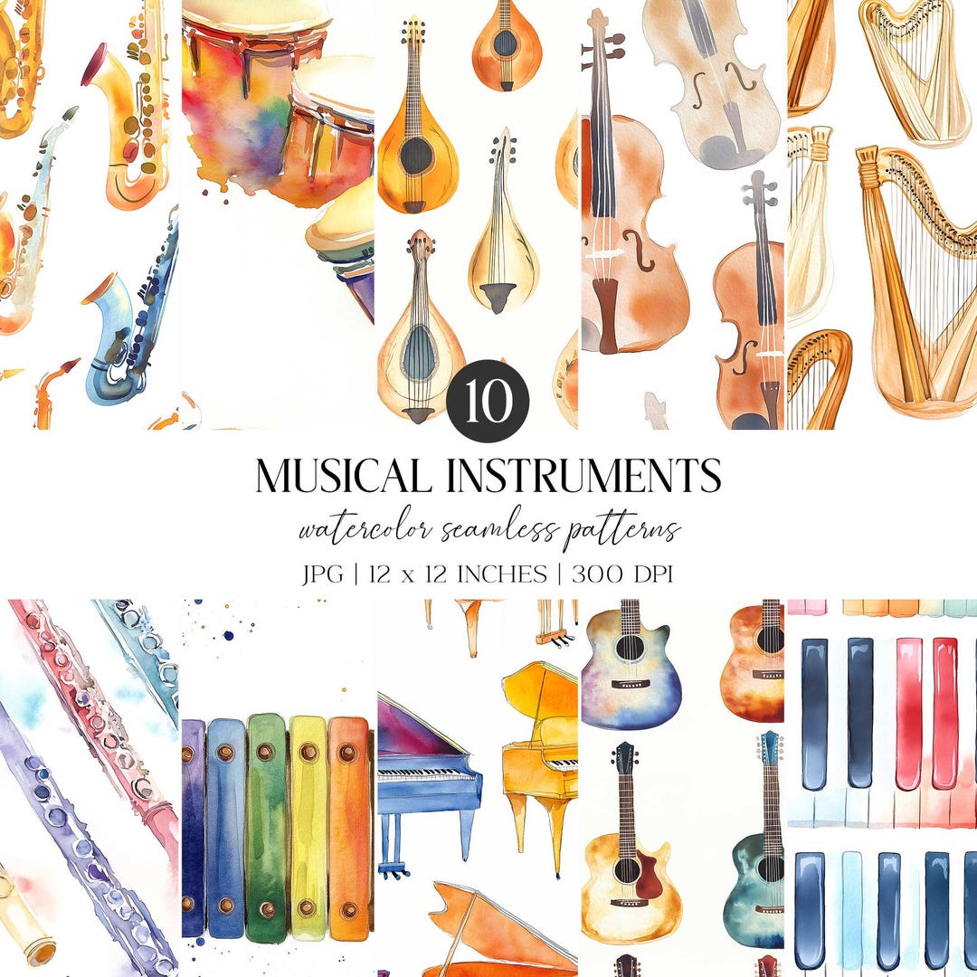 Musical Instruments Watercolor Pattern | Seamless Digital Paper (JPG ...