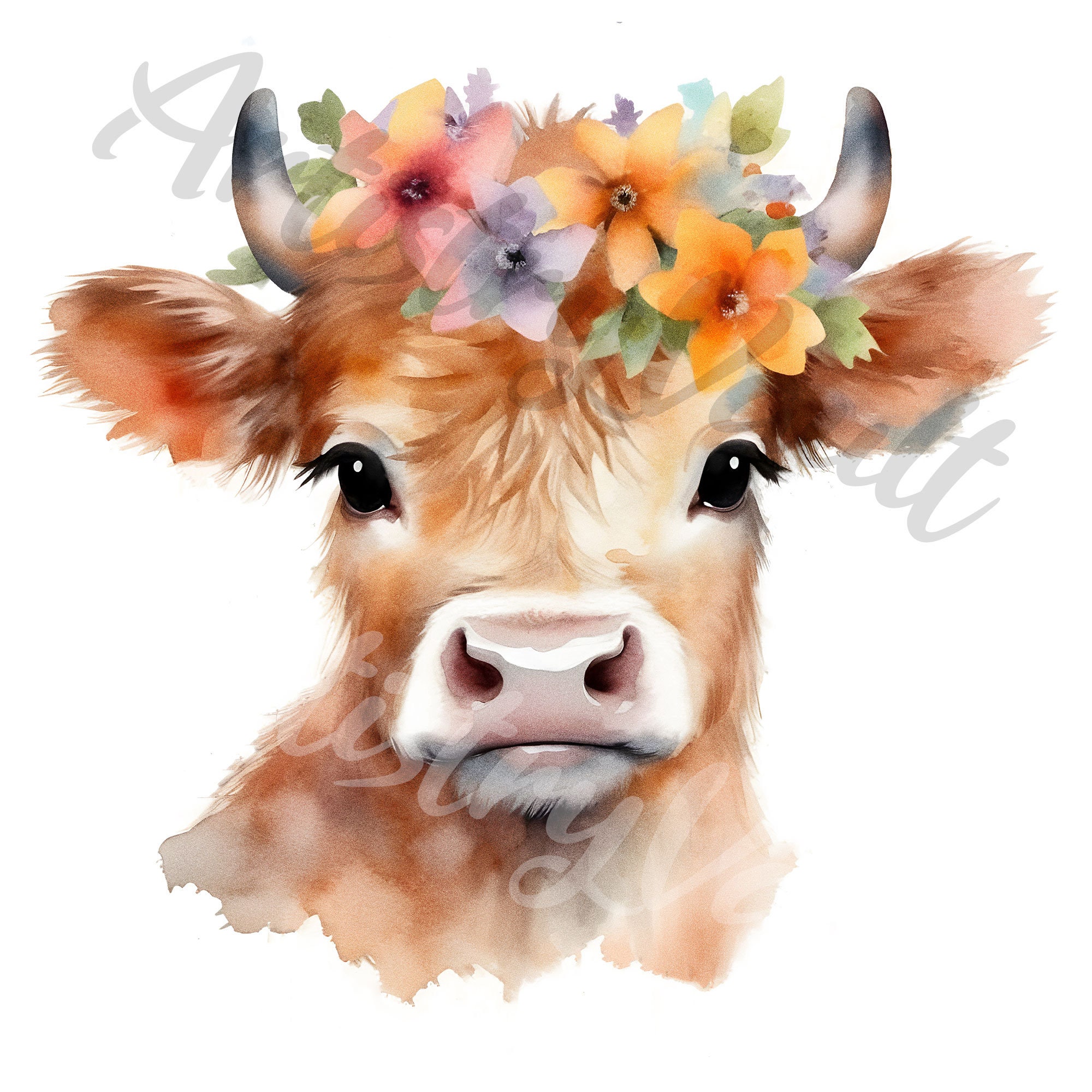 Highland Calf Watercolor Clipart Baby Cow & Flowers JPEG - Etsy
