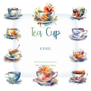 Xícara de chá clipart aquarela | Conjunto JPG de bebida de ervas | Artesanato em papel, papelaria, capa de produto, planejador, confecção de cartões, vestuário, convite, berçário