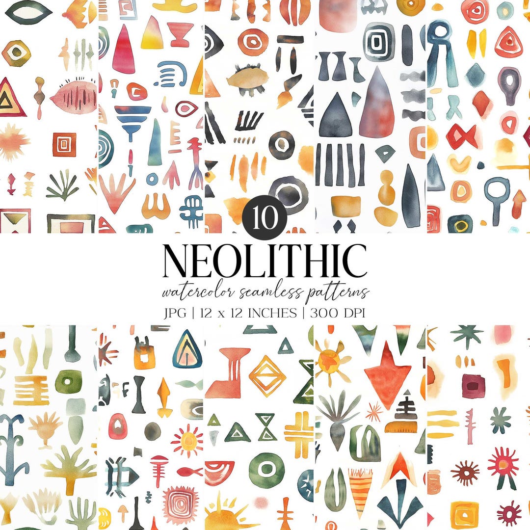 Neolithic Glyphs Watercolor Pattern | Ancient Art Digital Paper (JPG ...