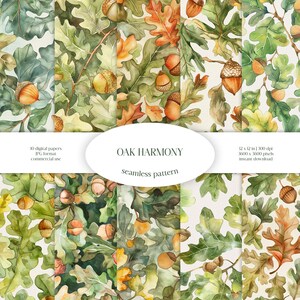 Oak Harmony Acquerello Seamless Pattern / Pacchetto di carta digitale JPG verde / Texture di sfondo botanico / Ramo ornamentale / Foglia e ghianda